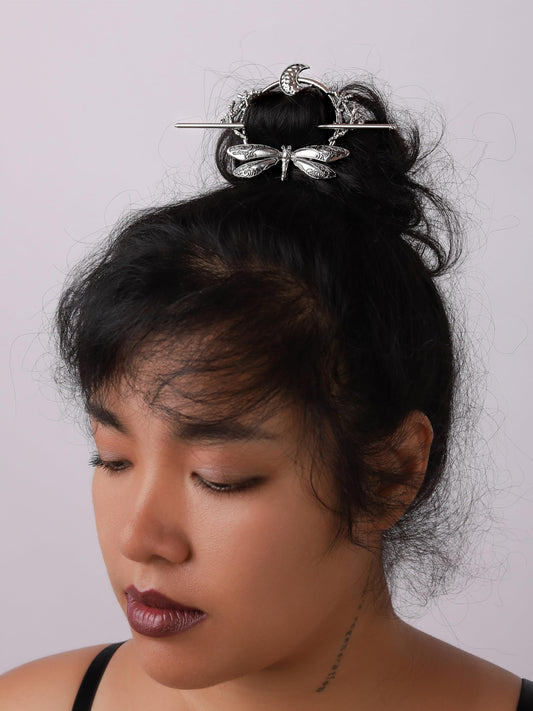 HAQUIL Dragonfly Moon Hairpin side view complements daily hairstyles.