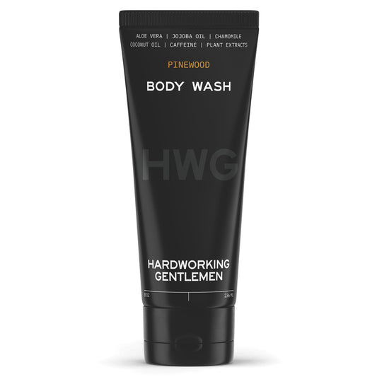 Hardworking Gentlemen natural body wash pinewood bottle delivers a refreshing cleanse.
