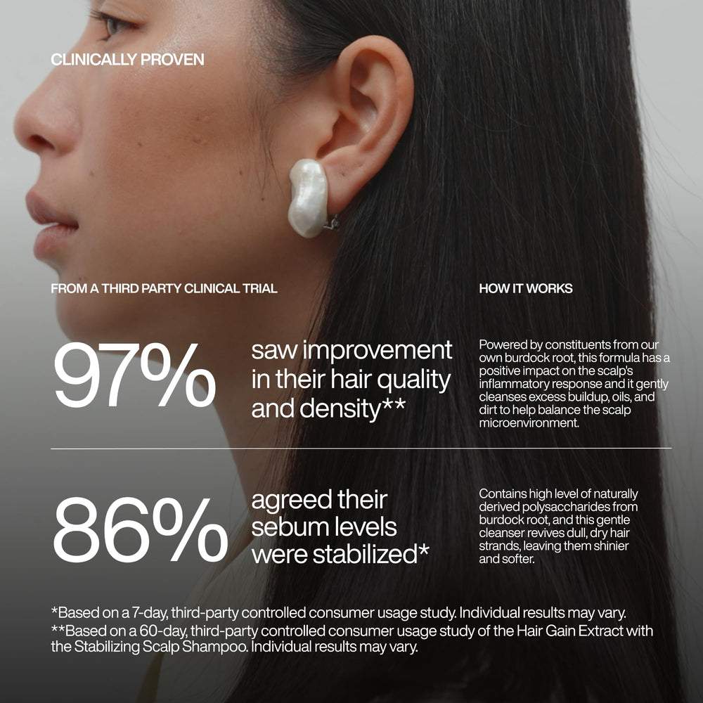 Harklinikken Stabilizing Scalp Shampoo microenvironment concept highlights balanced sebum for healthier hair.