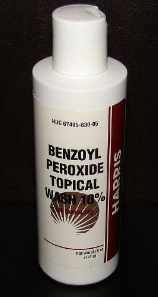 Harris Pharmaceuticals benzoyl peroxide 10% acne wash bottle showing clear formula for daily cleansing