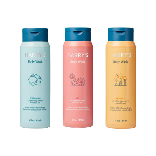Harry's Fig body wash bottle with creamy lather for smooth skin.