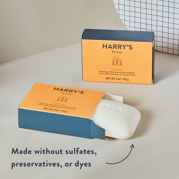 Harry's Redwood bar soap in shower scene emphasizing cleansing and fragrance