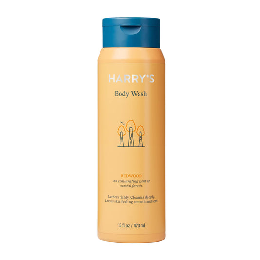 Harry's Redwood Body Wash bottle showcases the premium scent and sulfate-free formula for daily cleansing.