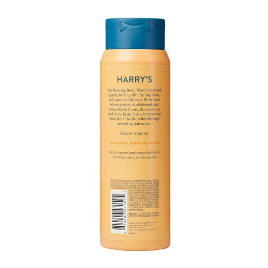 Harry's Redwood Body Wash lather texture visible, offering rich foam for a deep, skin-softening cleanse.