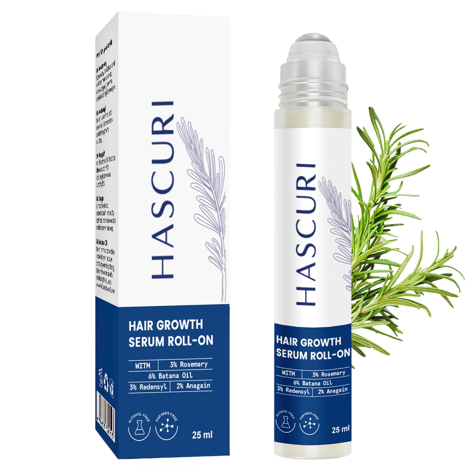 HASCURI 5-in-1 hair growth serum roll-on bottle focused on thinning areas and precise application.
