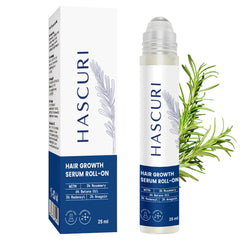 HASCURI 5-in-1 hair growth serum roll-on bottle focused on thinning areas and precise application.