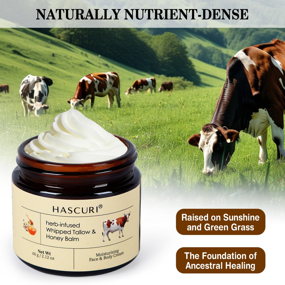 Packaging of HASCURI Grass-Fed Tallow Balm emphasizes traditional skin food roots.