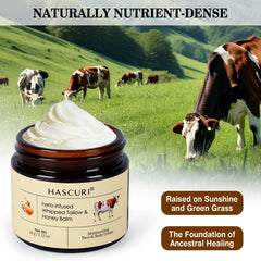 Packaging of HASCURI Grass-Fed Tallow Balm emphasizes traditional skin food roots.