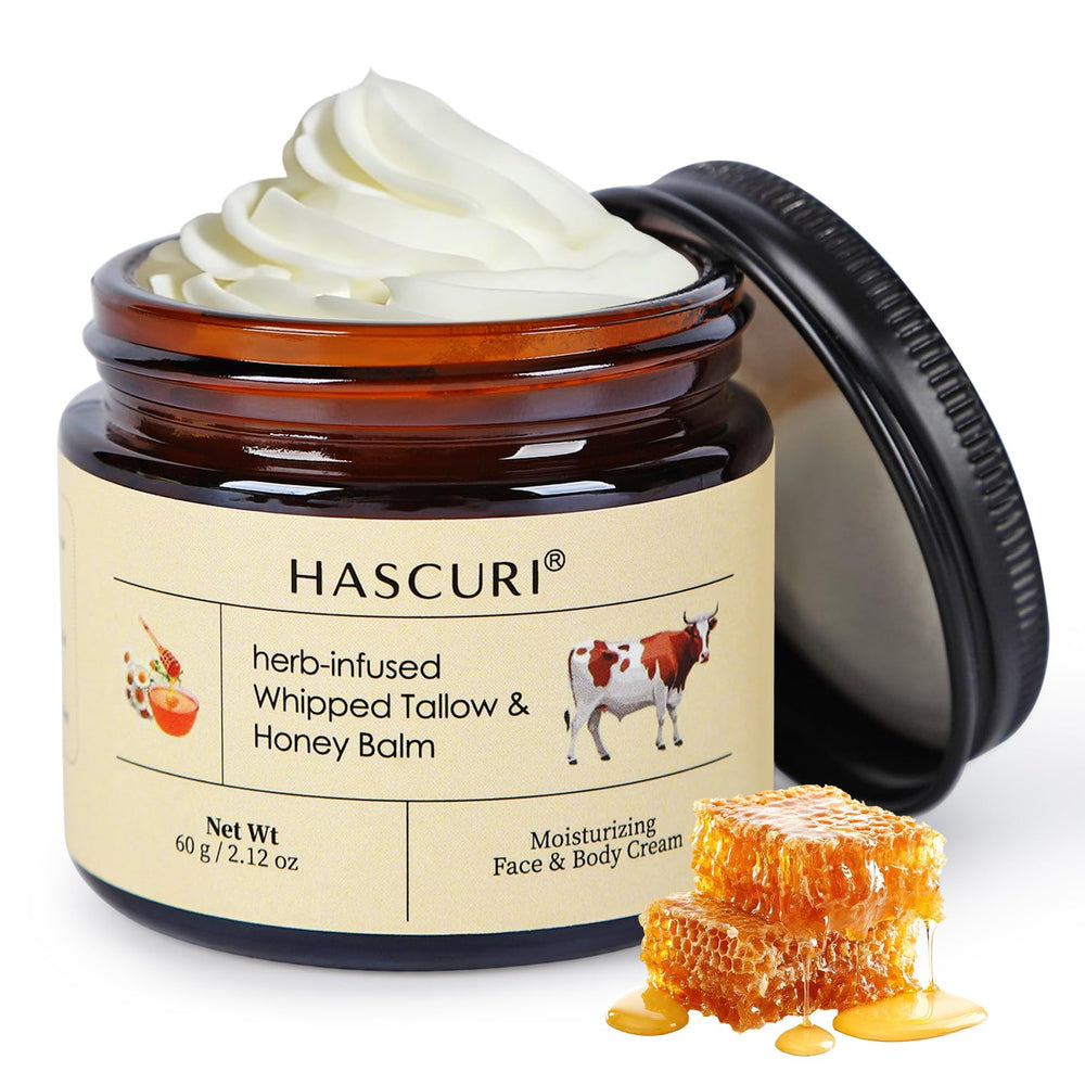 HASCURI Grass-Fed Whipped Tallow Balm jar shows rich hydration for face and body.