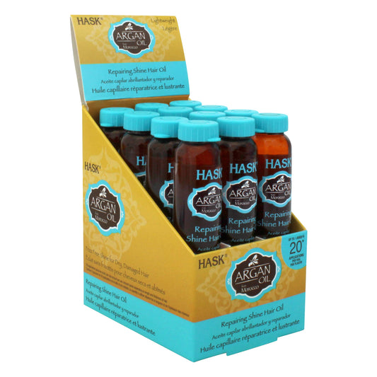 HASK Argan Repairing Hair Oil bottle for lightweight shine without weighing hair down.