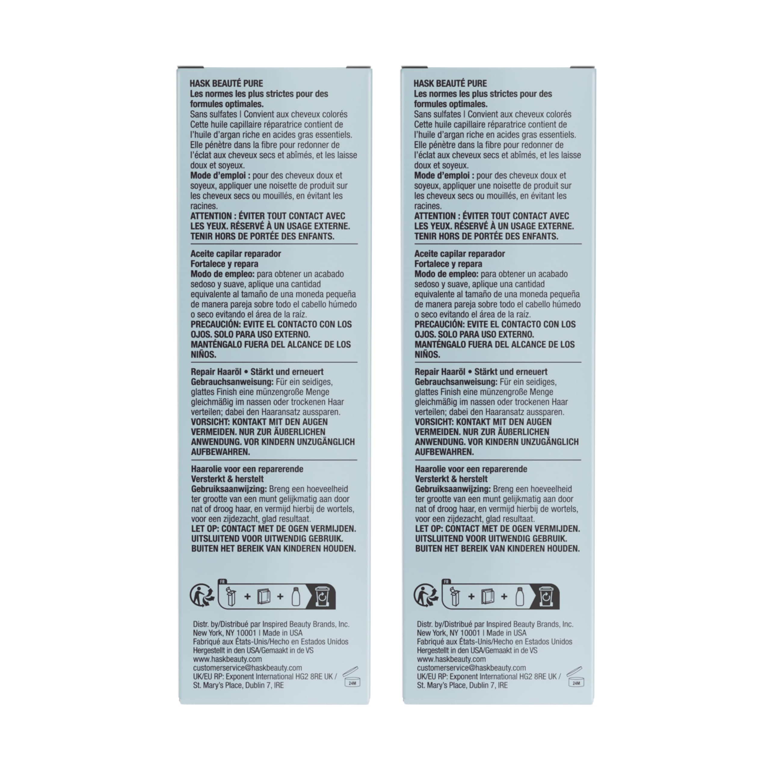 HASK Argan Repairing Hair Oil on dresser with two vials ready