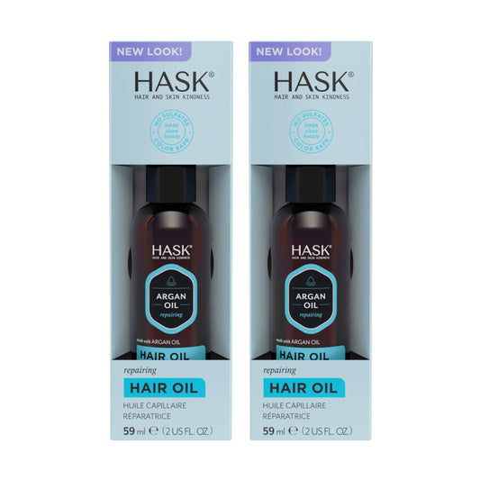 HASK Argan Repairing Hair Oil pump bottle highlights two-pack for shine