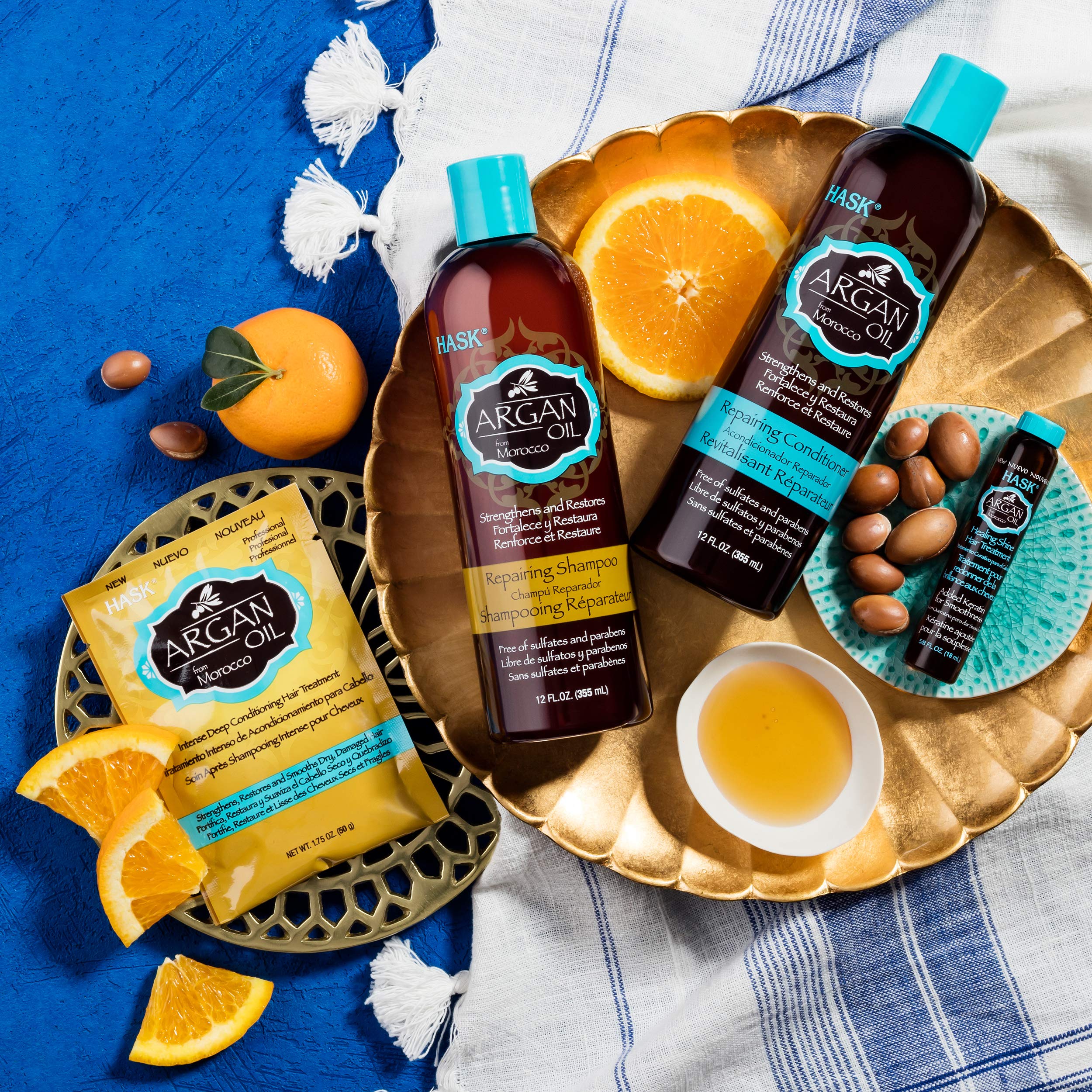 HASK 12-pack travel vials keep hair care on the go with shine.