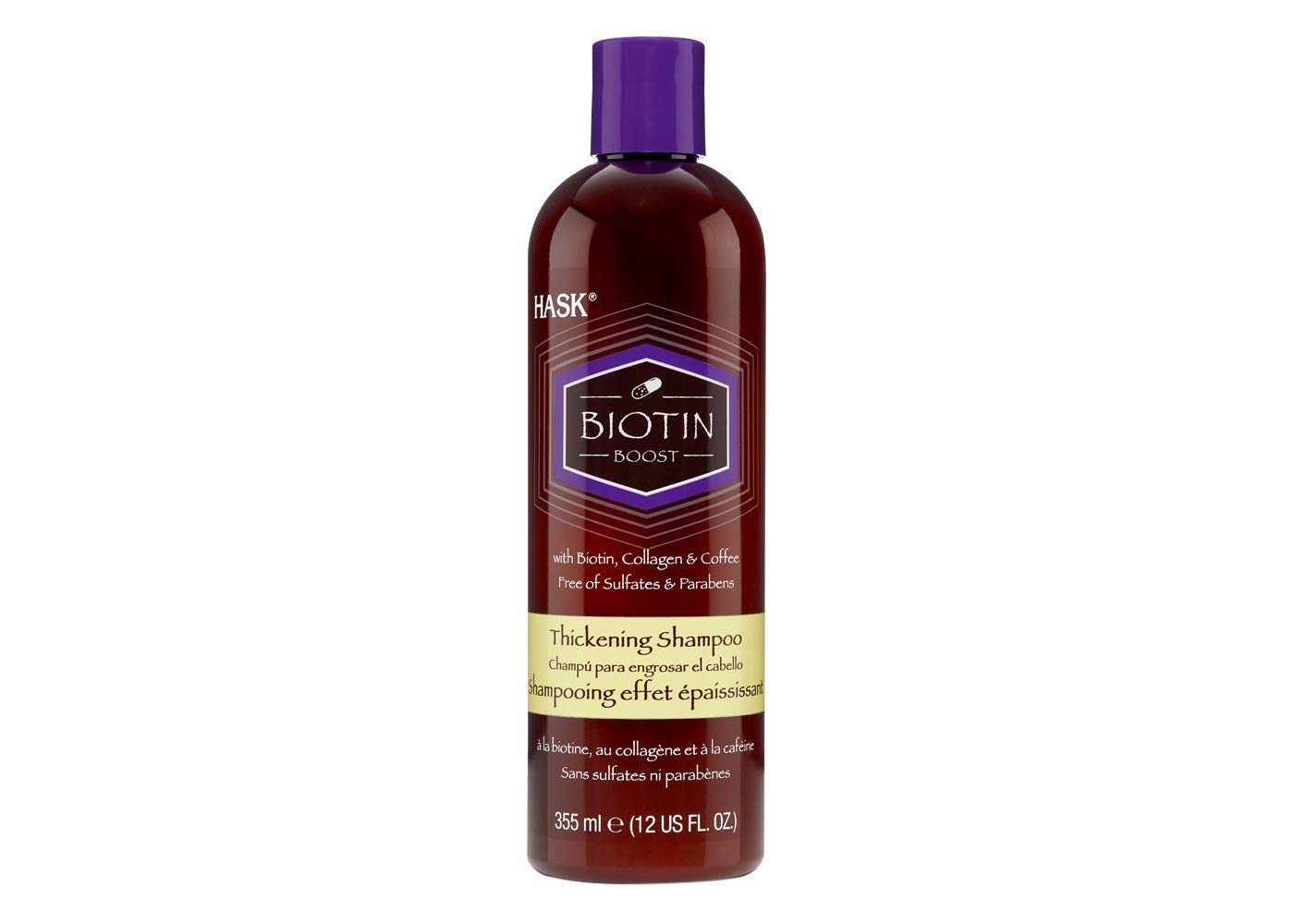 HASK Biotin Boost Thickening Shampoo bottle promotes voluminous, fuller-looking hair