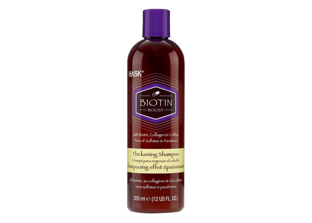 HASK Biotin Boost Thickening Shampoo bottle promotes voluminous, fuller-looking hair