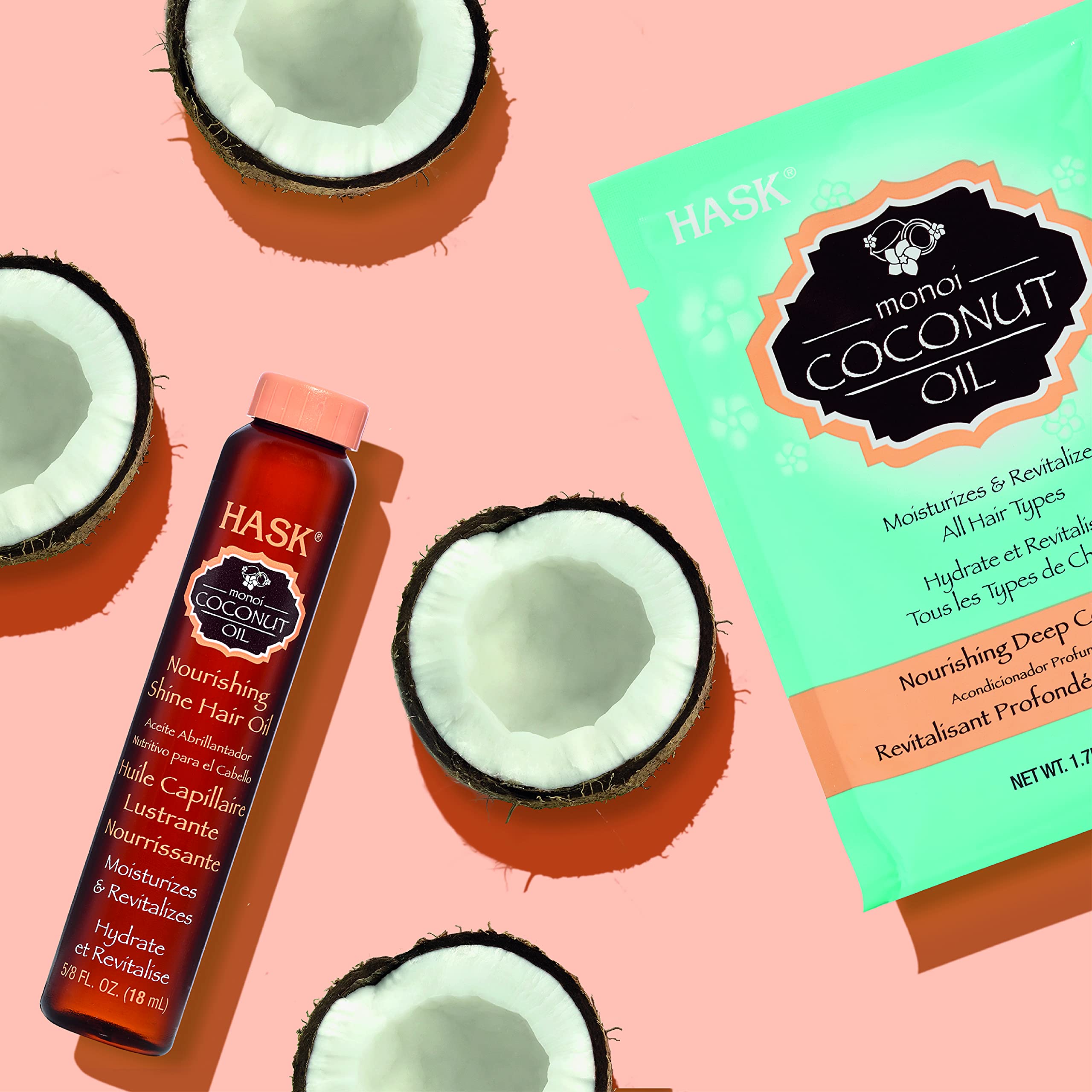 A tropical coconut scent from HASK conditioner for a spa-like experience