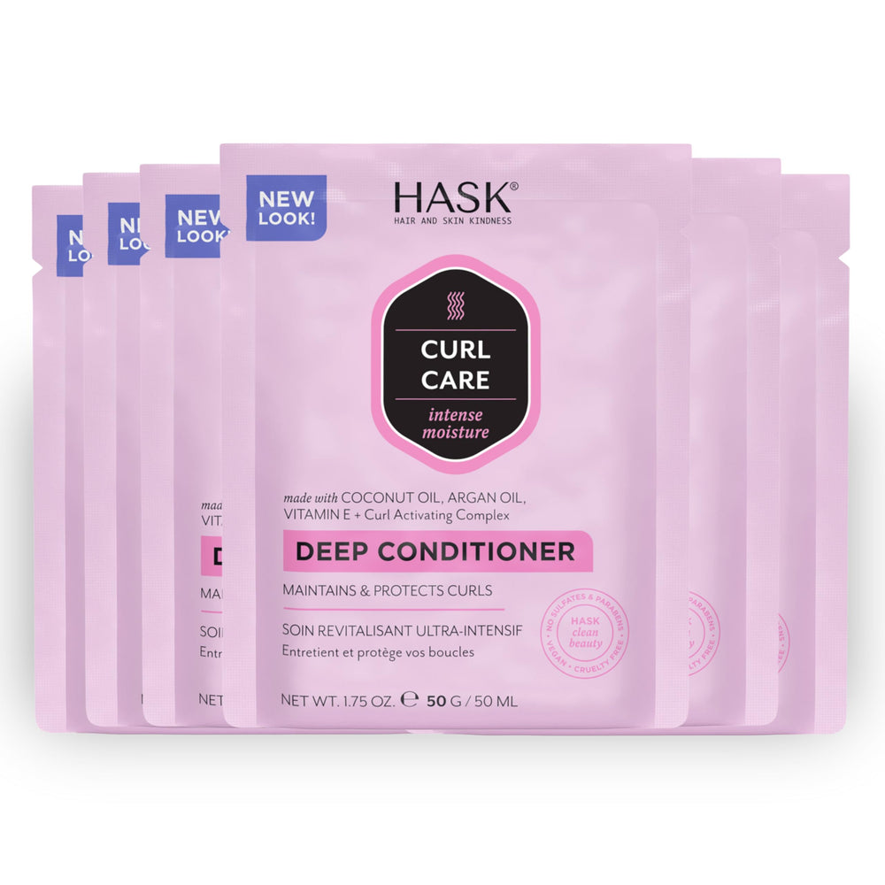 HASK Curl Care Deep Conditioner bottle highlights moisture-boosting formula for defined curls.