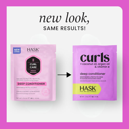 HASK Curl Care Deep Conditioner front label signals vegan, color-safe care for curls.