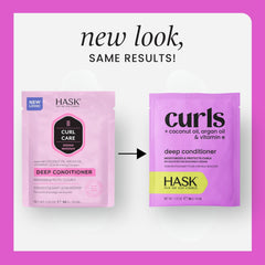 HASK Curl Care Deep Conditioner front label signals vegan, color-safe care for curls.