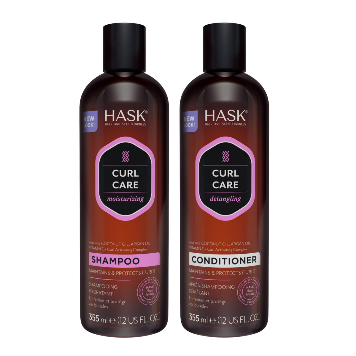 HASK Curl Care Shampoo bottle highlighting coconut and argan oils for curly hair.