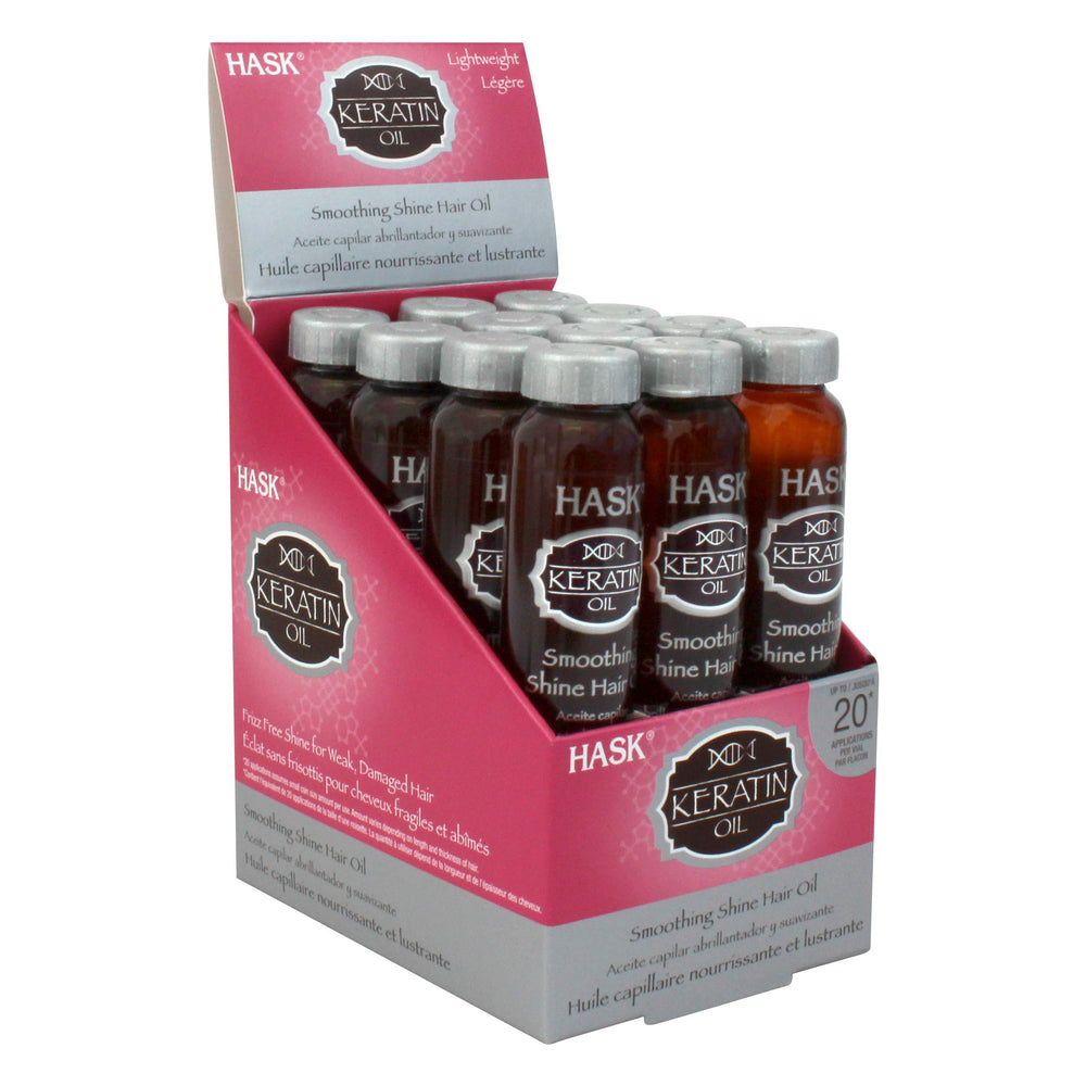 HASK Keratin Hair Oil vials packaging highlights color-safe smoothing benefits