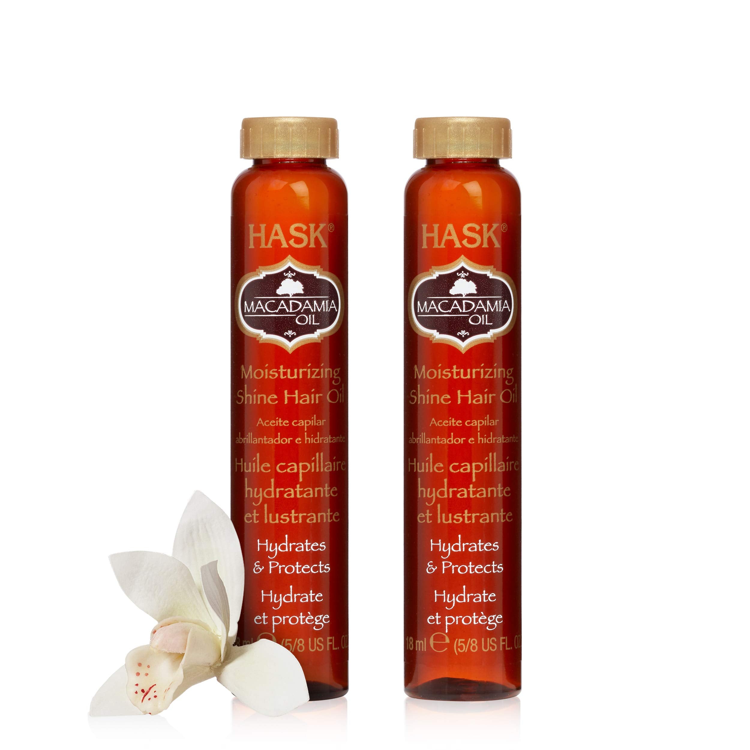 HASK Macadamia Oil vial pack label highlighting moisturizing formula