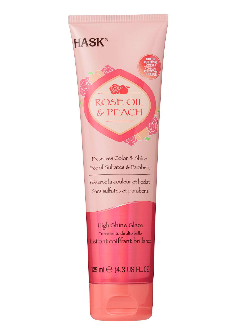 HASK Rose Oil & Peach High Shine Glaze bottle adds radiant gloss and smoothness to hair.