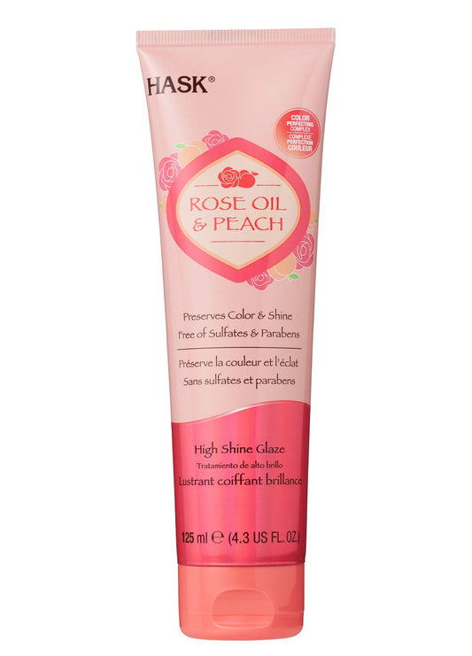 HASK Rose Oil & Peach High Shine Glaze bottle adds radiant gloss and smoothness to hair.