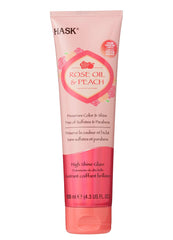 HASK Rose Oil & Peach High Shine Glaze bottle adds radiant gloss and smoothness to hair.