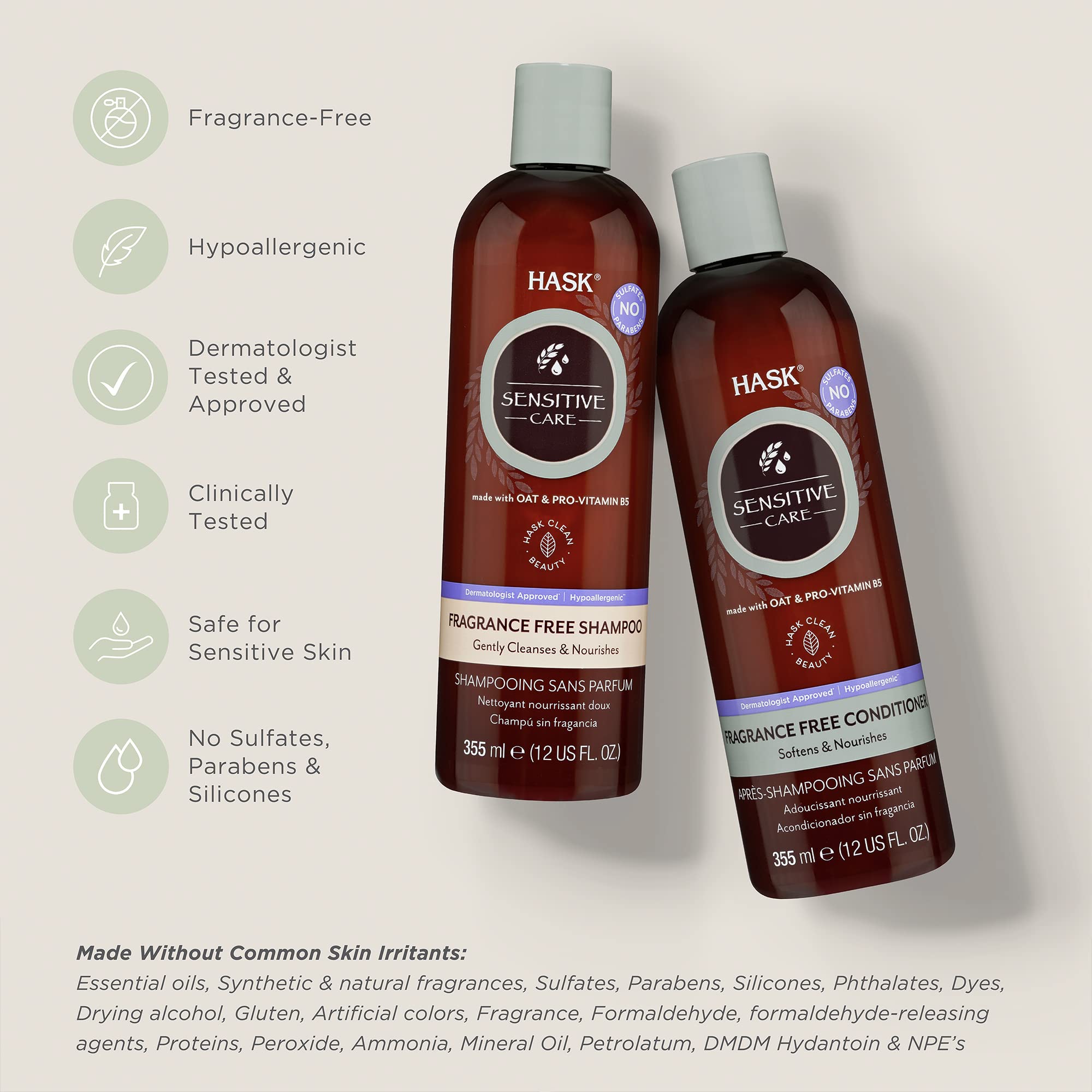 HASK Sensitive Care Conditioner bottle highlights fragrance-free, gentle hydration.