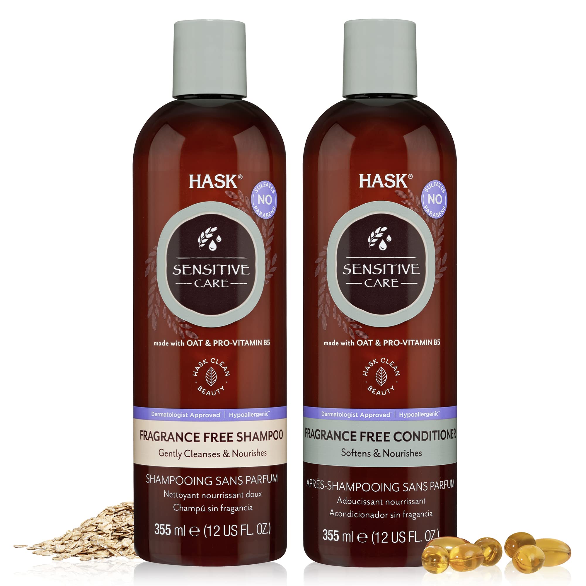 HASK Sensitive Care Shampoo bottle with fragrance-free formula for sensitive scalps.