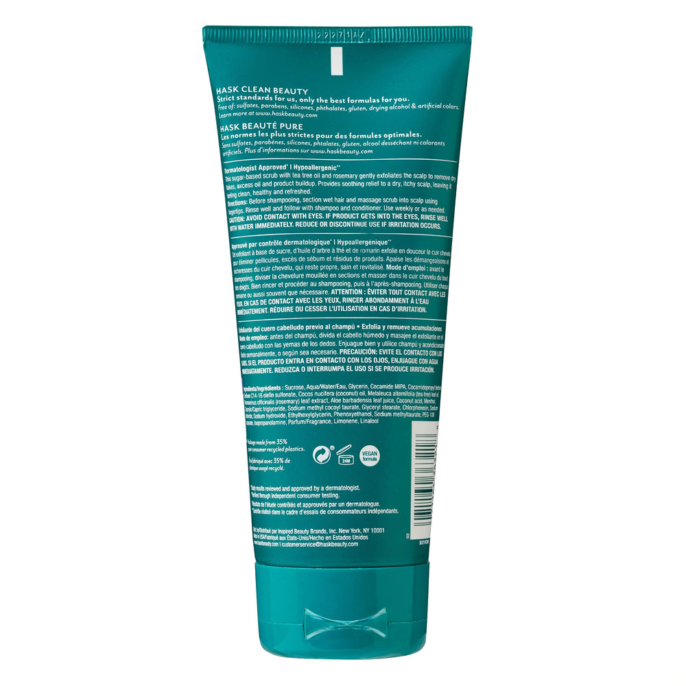 HASK scrub application scene on scalp demonstrates soothing relief and buildup removal.