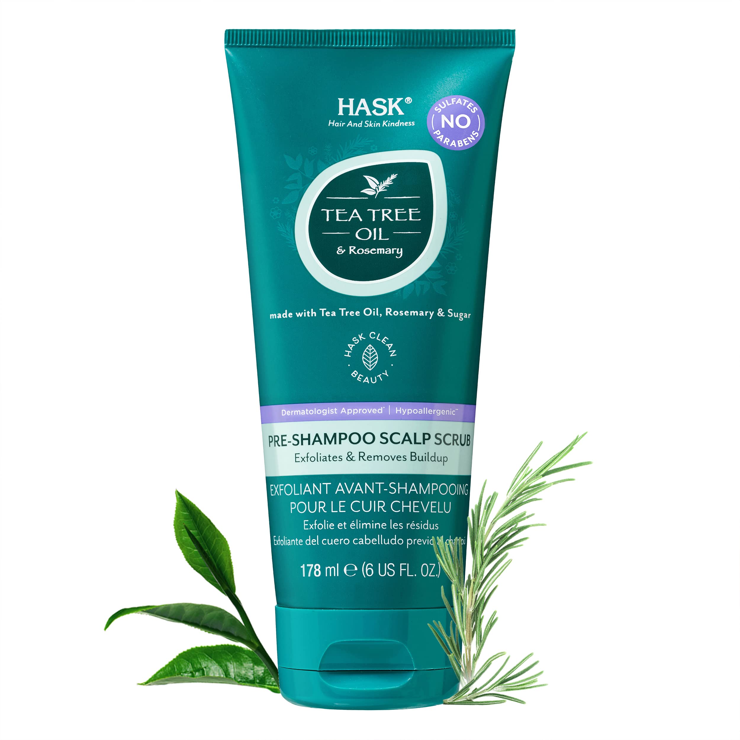 HASK scalp scrub on scalp before use showing flaky areas and preparation for exfoliation.