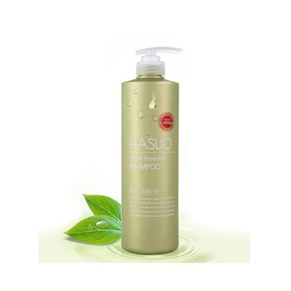 HASUO Herbal Essential Shampoo bottle front showing a calming herbal blend for daily scalp care