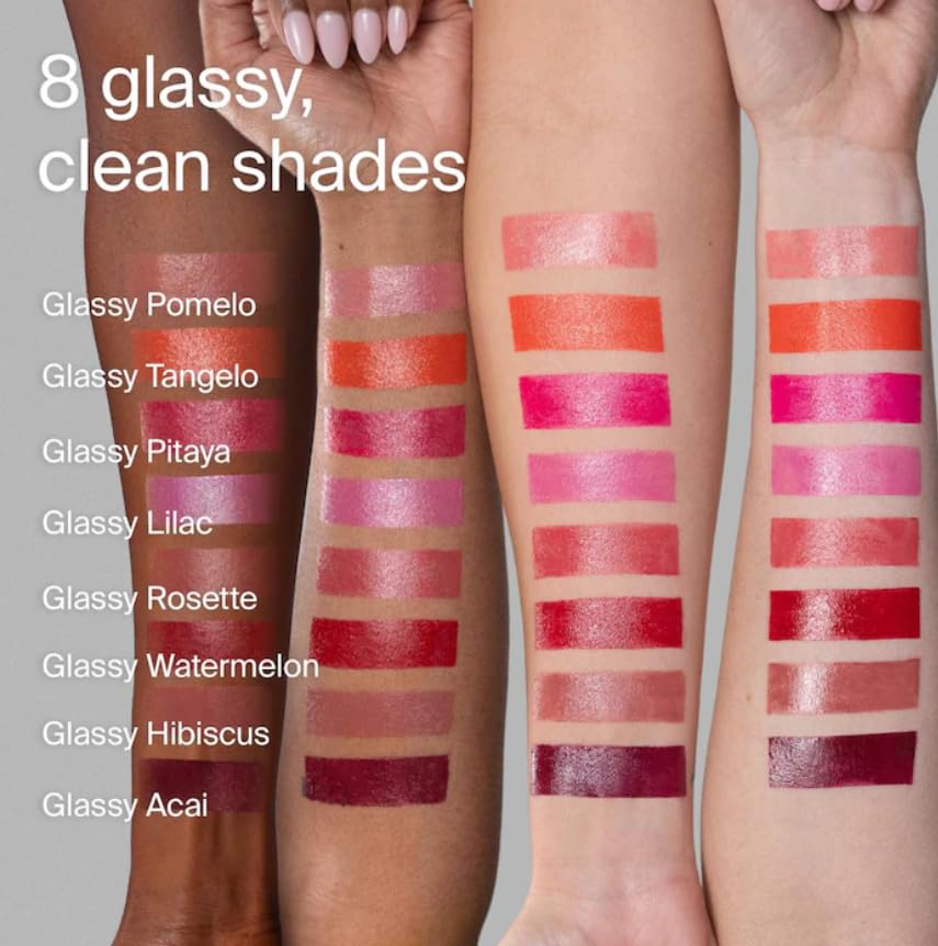 Swatch of HAUS LABS Color Fuse Balm Stick Glassy Hibiscus showing color payoff and shine
