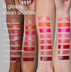 Swatch of HAUS LABS Color Fuse Balm Stick Glassy Hibiscus showing color payoff and shine