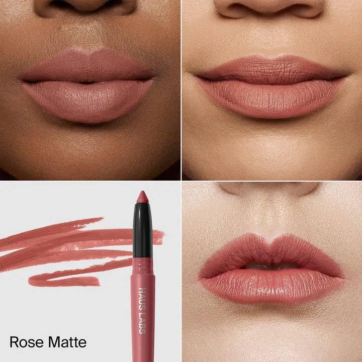 Close-up of HAUS LABS Le Monster Lip Crayon Rose Matte tip for precise lip lining.