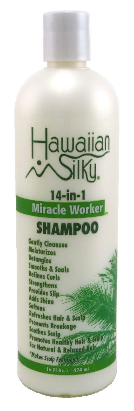 Hawaiian Silky Miracle Worker 14-in-1 shampoo bottle showing gentle cleansing and silky-soft hair