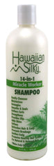 Hawaiian Silky Miracle Worker 14-in-1 shampoo bottle showing gentle cleansing and silky-soft hair