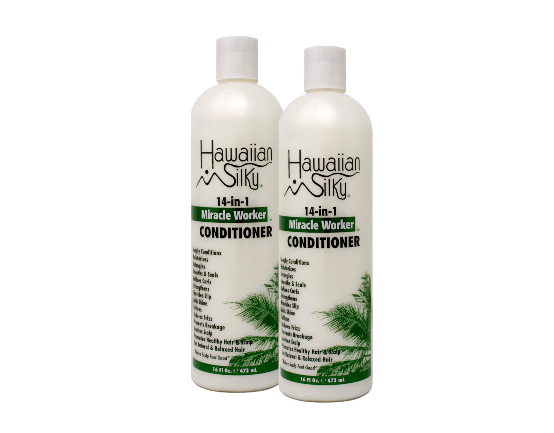 Hawaiian Silky Miracle Worker 14-in-1 conditioner two-pack displayed for home use.