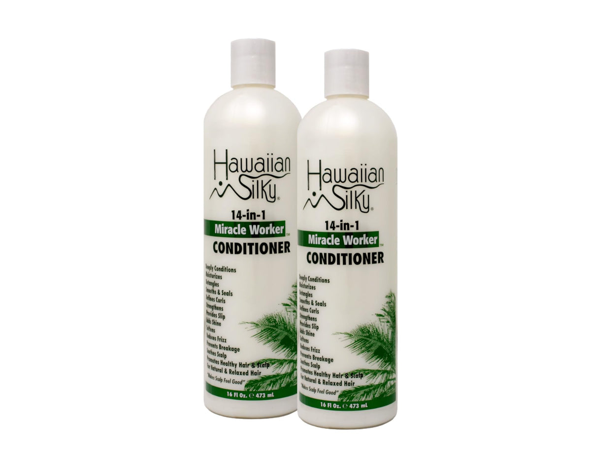 Hawaiian Silky Miracle Worker 14-in-1 conditioner two-pack displayed for home use.