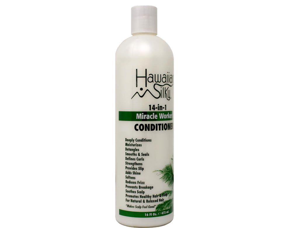 Bottle close-up showing shine and salon-quality finish from Hawaiian Silky conditioner.