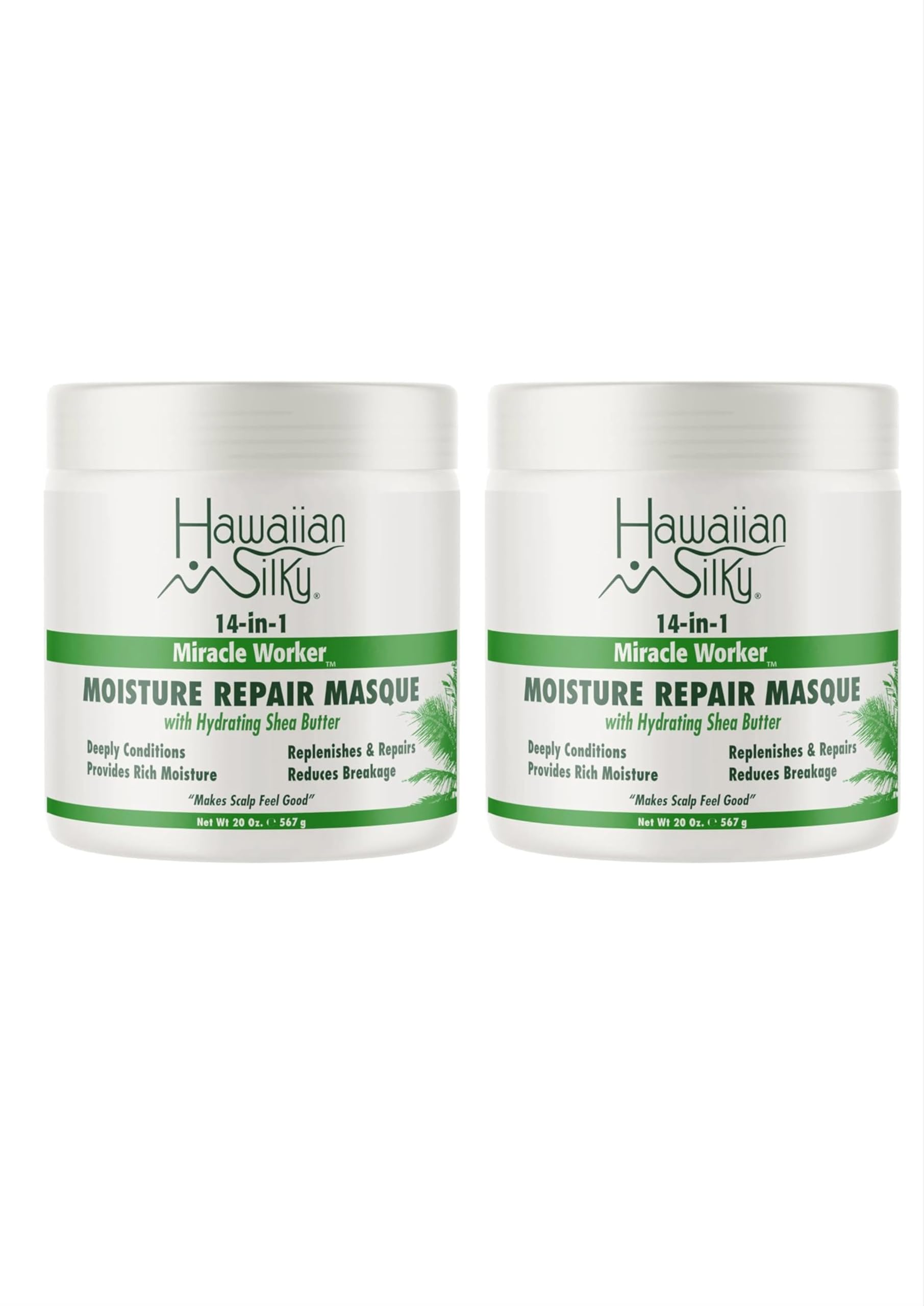 Hawaiian Silky Miracle Worker masque jar closeup with creamy formula for detangling.