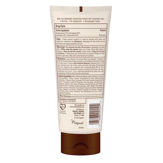 Hawaiian Tropic sunscreen lotion back label shows ingredients and cruelty-free claims.