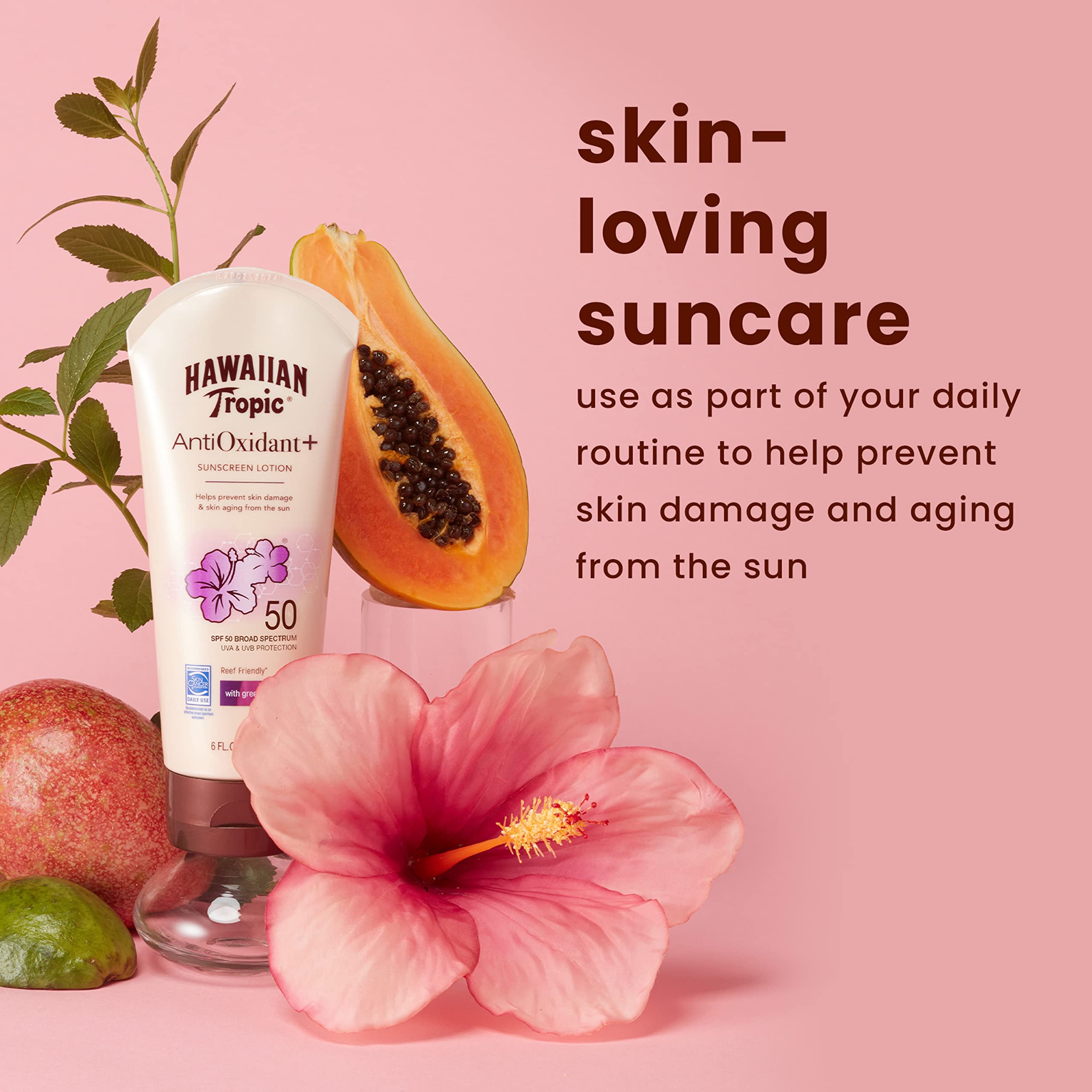 Close-up of Hawaiian Tropic tube side highlighting lightweight, non-greasy formula.