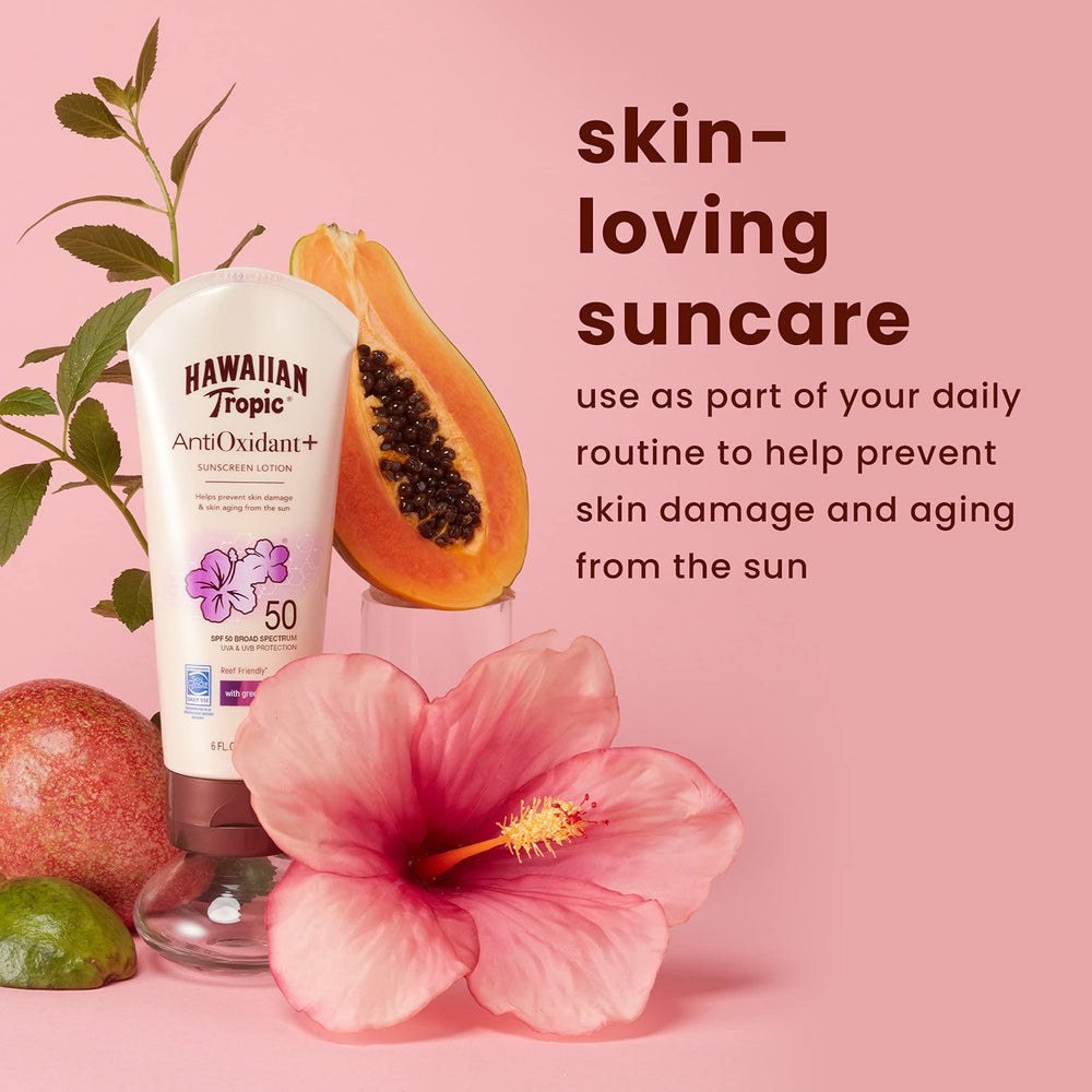 Close-up of Hawaiian Tropic tube side highlighting lightweight, non-greasy formula.