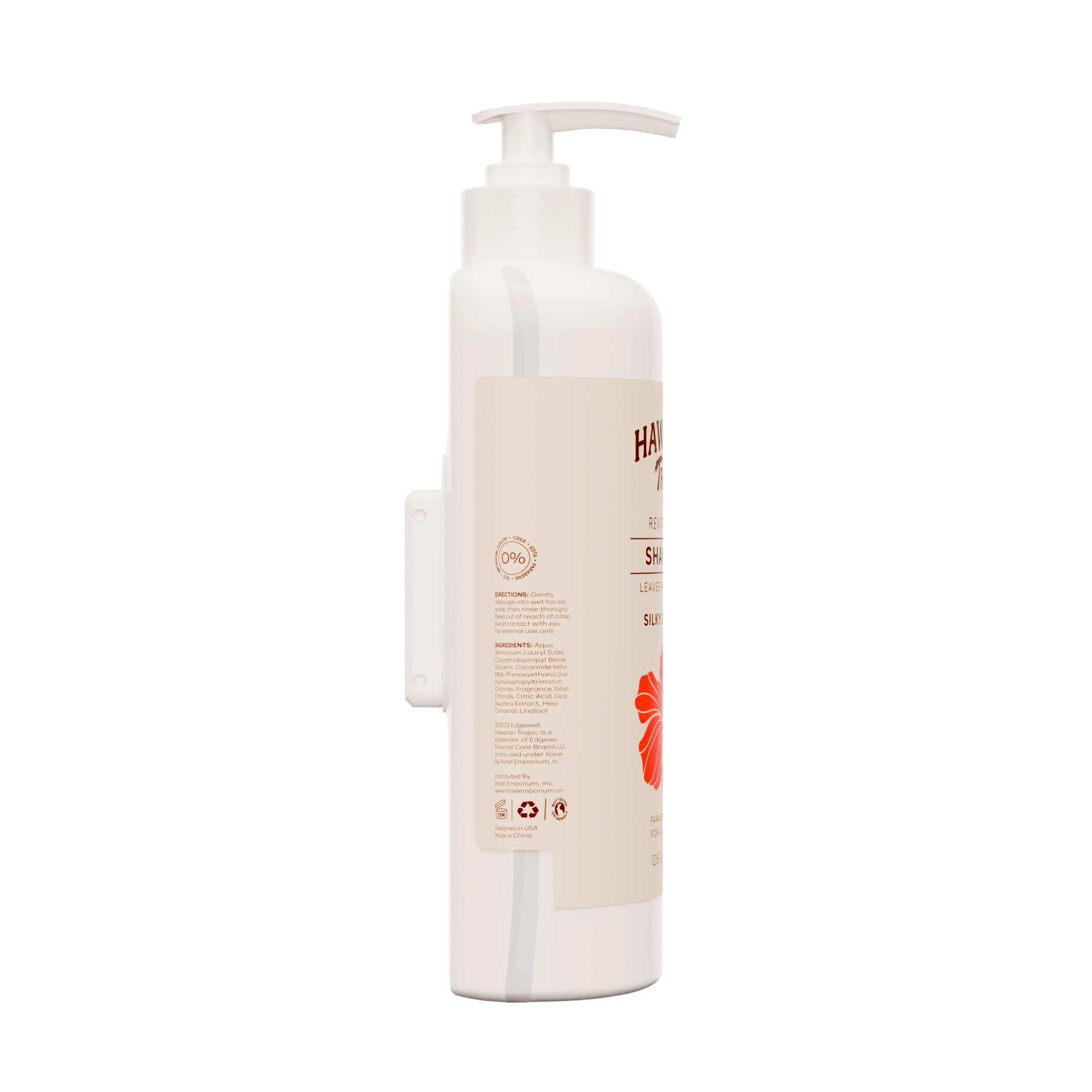 Hawaiian Tropic bulk hotel amenities on wall create a tidy shower space.