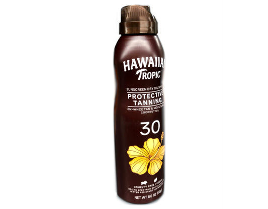 Hawaiian Tropic spray applied at an angle for quick, even coverage