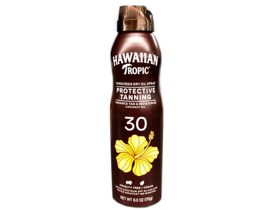 Hawaiian Tropic dry oil clear spray SPF 30 bottle for sun protection