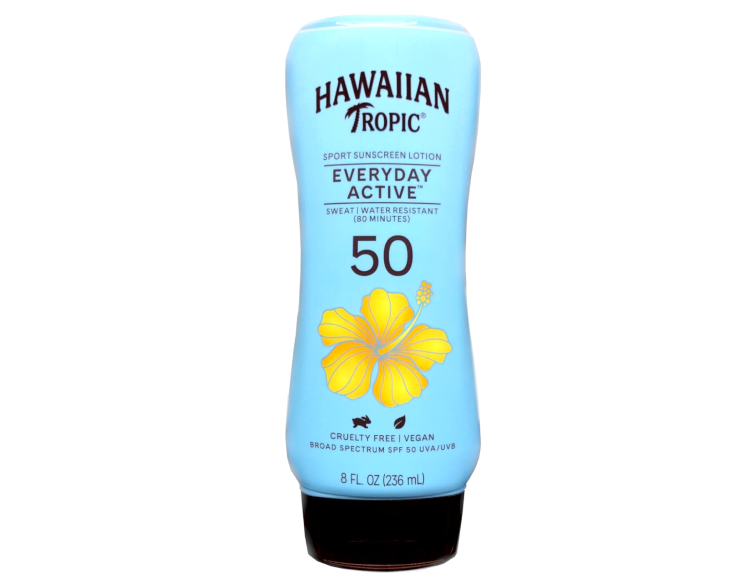 Hawaiian Tropic Everyday Active sunscreen bottle back label showing water resistance.